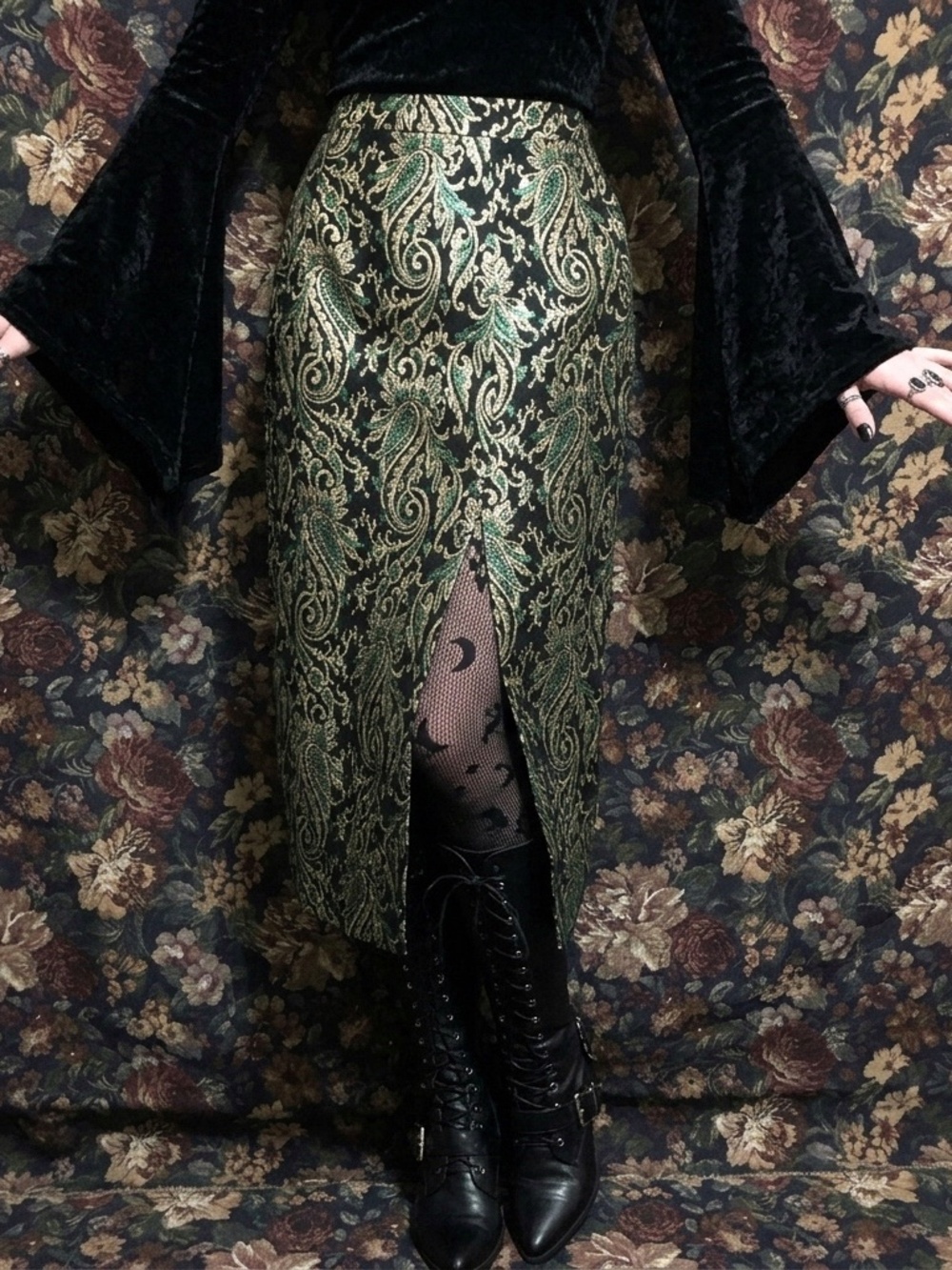 Vintage Solini Emerald & Gold Brocade Maxi Skirt - Size 6